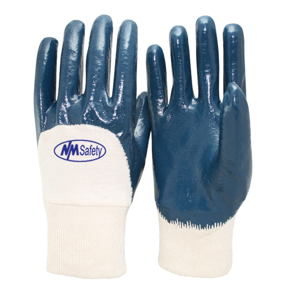interlock-knitted-liner-nitrile-half-coated-light-duty-gloves,-knitted-cuff