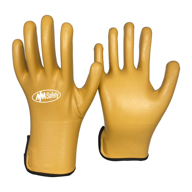 15 gauge yellow nylon and spandex knitted liner, microfoam nitrile full coated gloves[NY1359FRB]