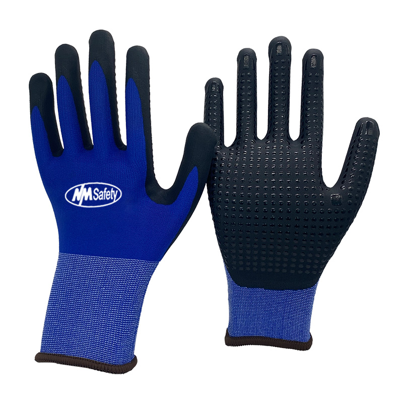 blue nylon and spandex liner micro foam nitrile palm coated with nitrile dots gloves【NY1350FD】