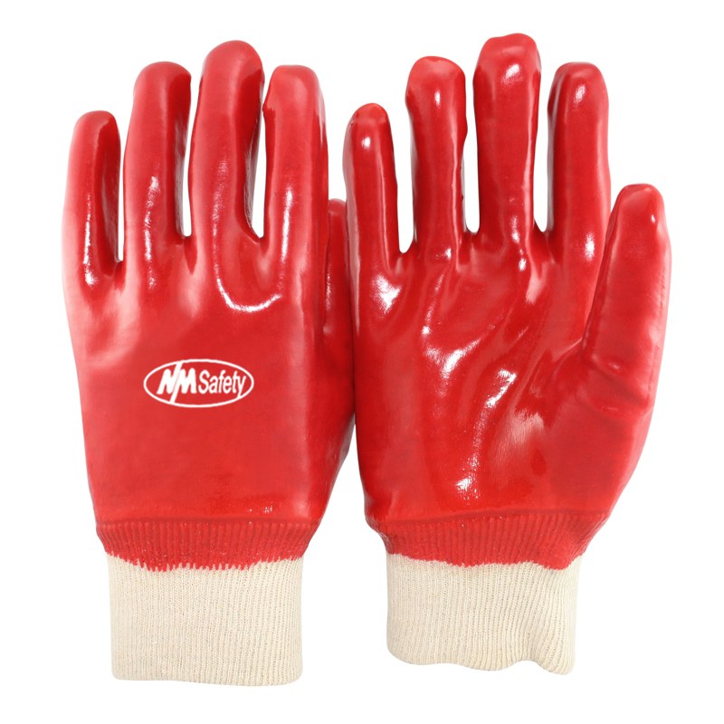 Cotton-interlock-liner-with-red-PVC-fully-coated-gloves,-knitted-cuff.